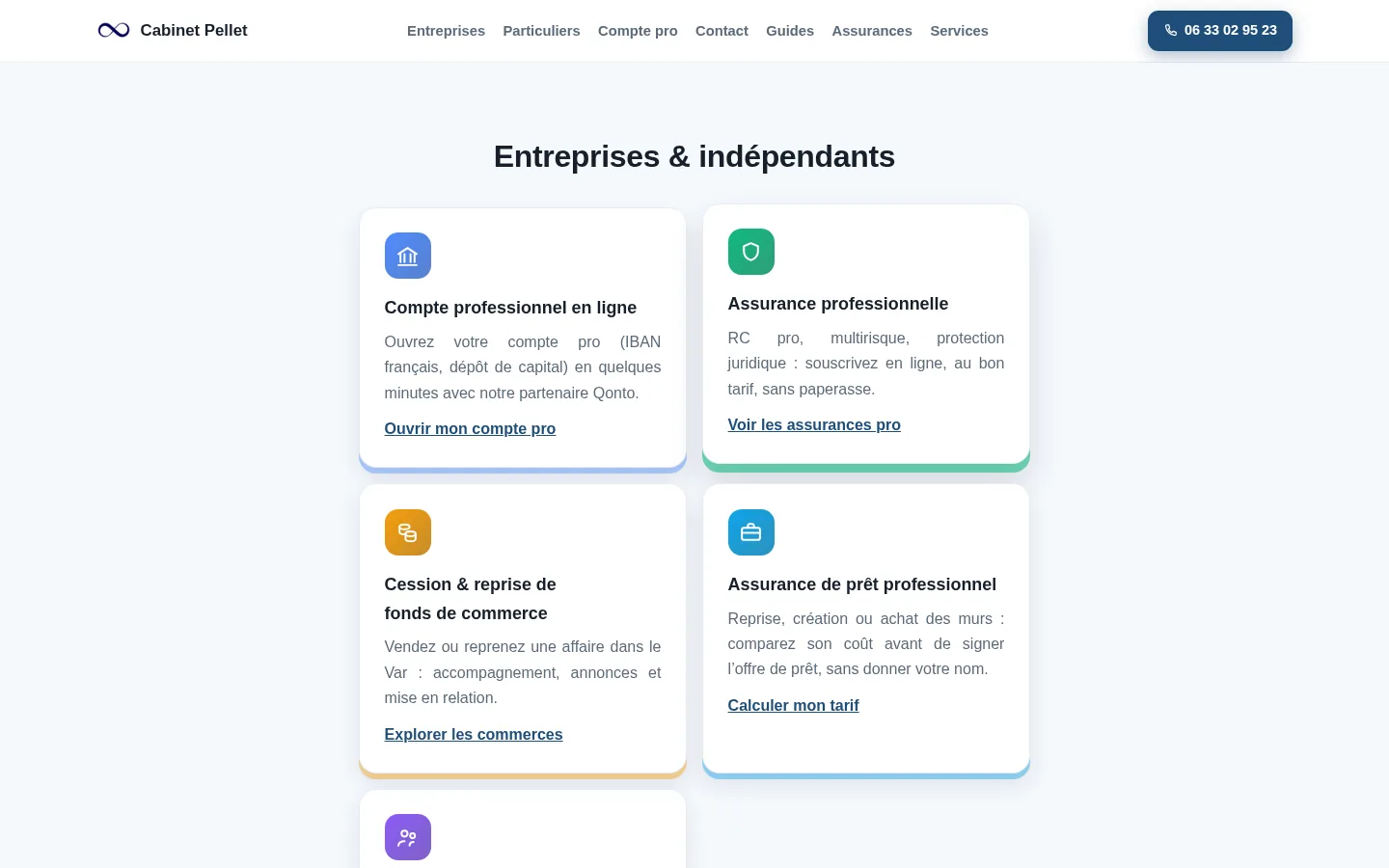 Page d'accueil de cabinetpellet.fr sur ordinateur : titre « Entreprises & particuliers : le cabinet qui défend vos intérêts », boutons Espace entreprises et Espace particuliers.